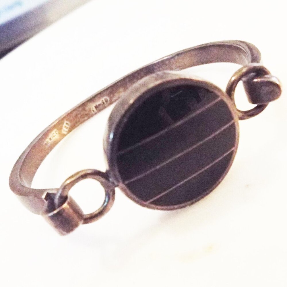 MEXICO TAXCO STERLING OBSIDIAN STONE INLAY MID CENTURY MODERN CLAMP BRACELET A